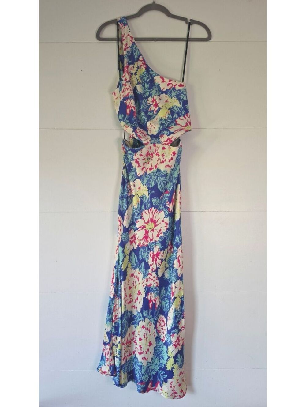 NWT Forever 21 Floral One Shoulder Cutout Midi Dress Blue Pink Satin, size Small